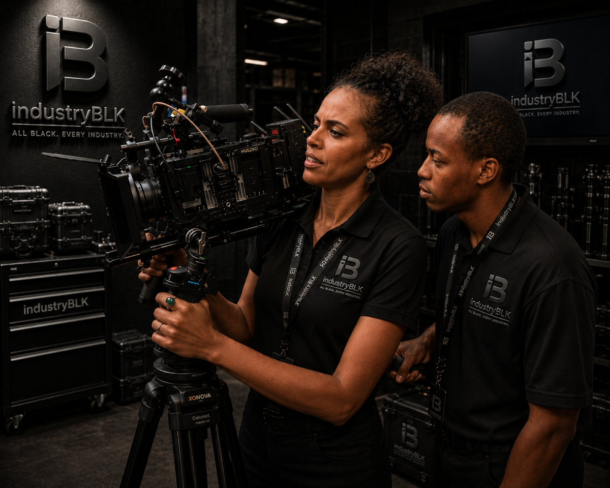 Production professionals working together in a cinematic studio environment