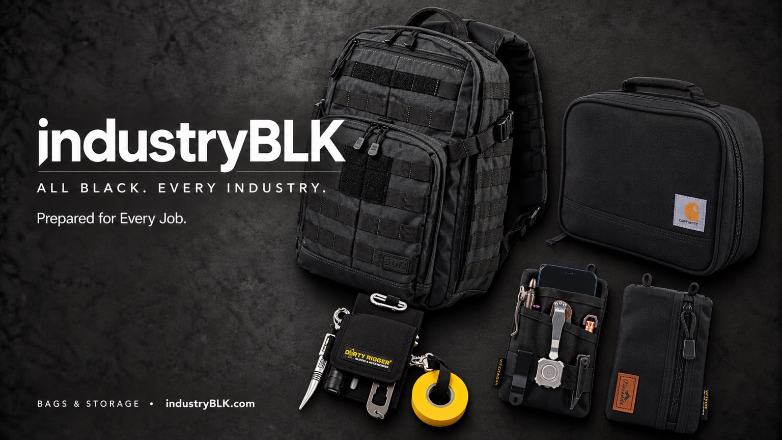 IndustryBLK Bags & Storage showcase with black backpack, lunch bag and utility pouches.