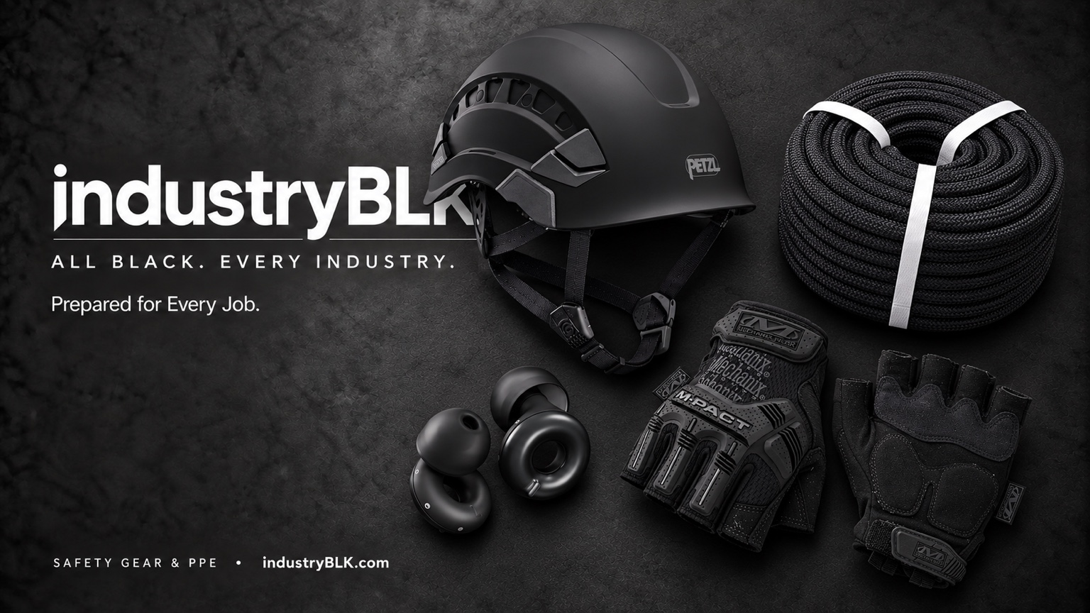 IndustryBLK Safety Gear & PPE showcase with black helmet, rope, hearing protection and work gloves.
