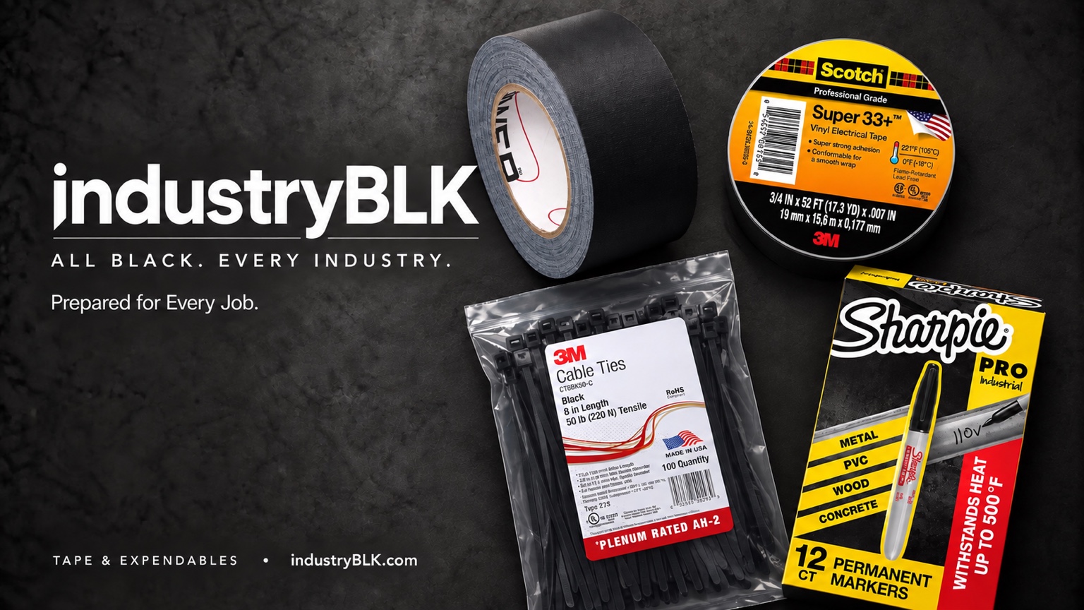 IndustryBLK Tape & Expendables showcase with gaff tape, electrical tape, cable ties and permanent markers.