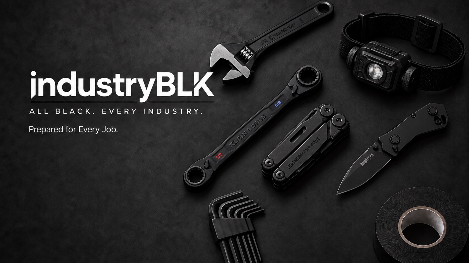 IndustryBLK Tools & Hardware showcase with black hand tools, multi-tool, headlamp, hex keys and tape.