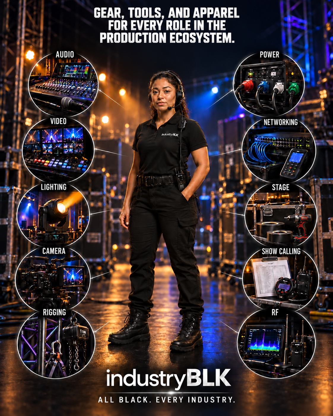 IndustryBLK production ecosystem graphic showing a production professional surrounded by audio, video, lighting, camera, rigging, power, networking, stage, show calling, and RF work areas.