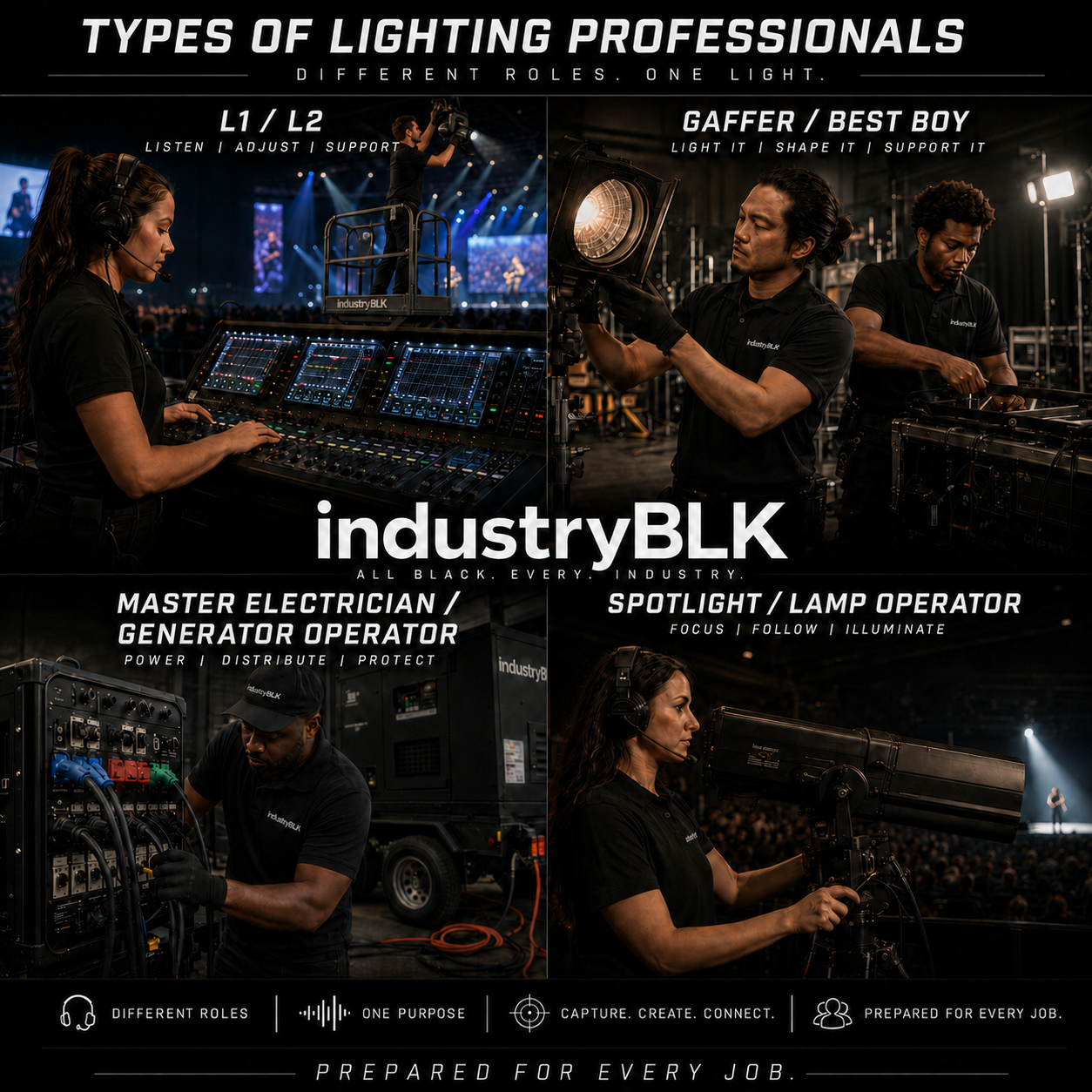 IndustryBLK lighting professionals working across live events, film lighting, electrical power, and spotlight operation.