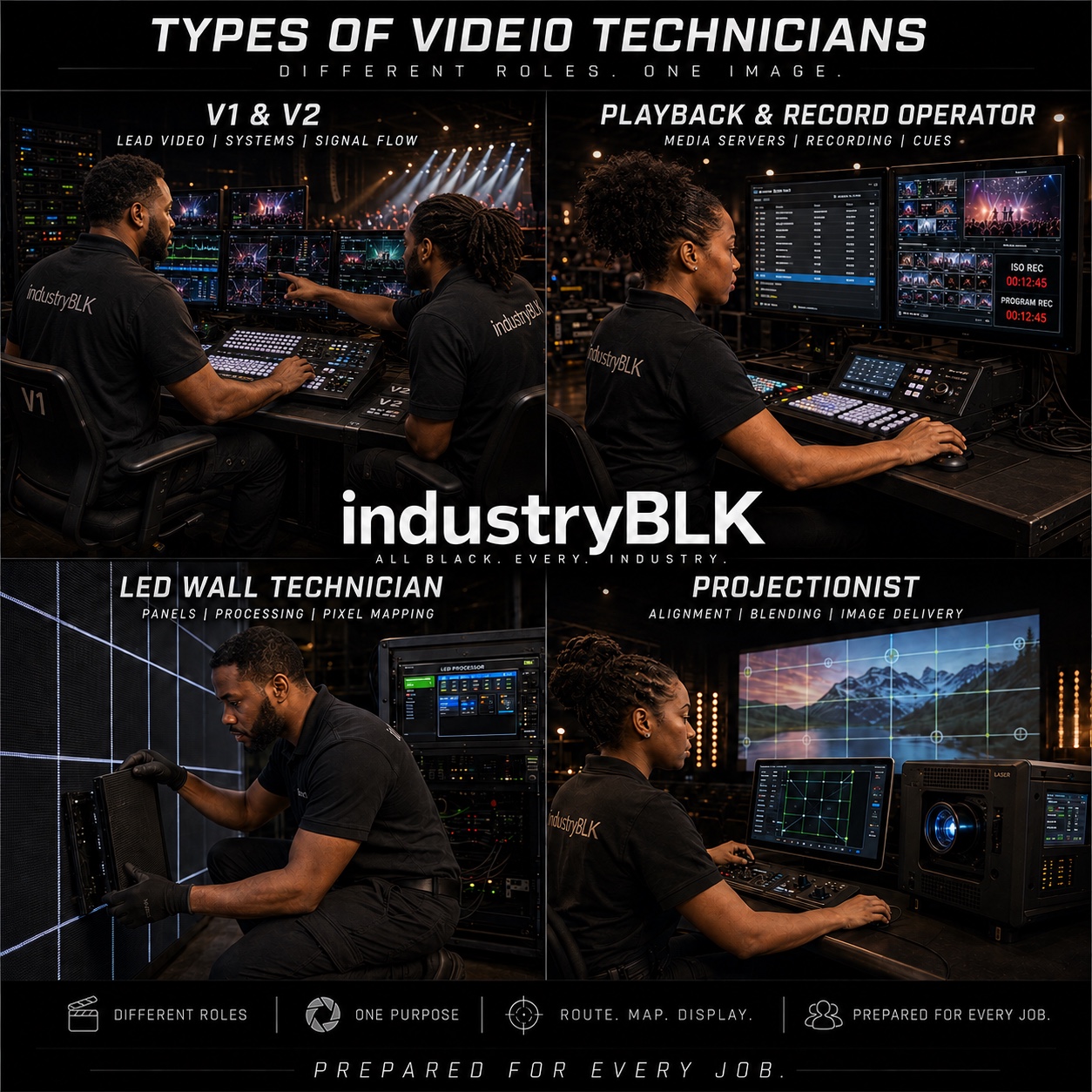 IndustryBLK role guide showing V1 and V2, playback and record operator, LED wall technician, and projectionist roles.